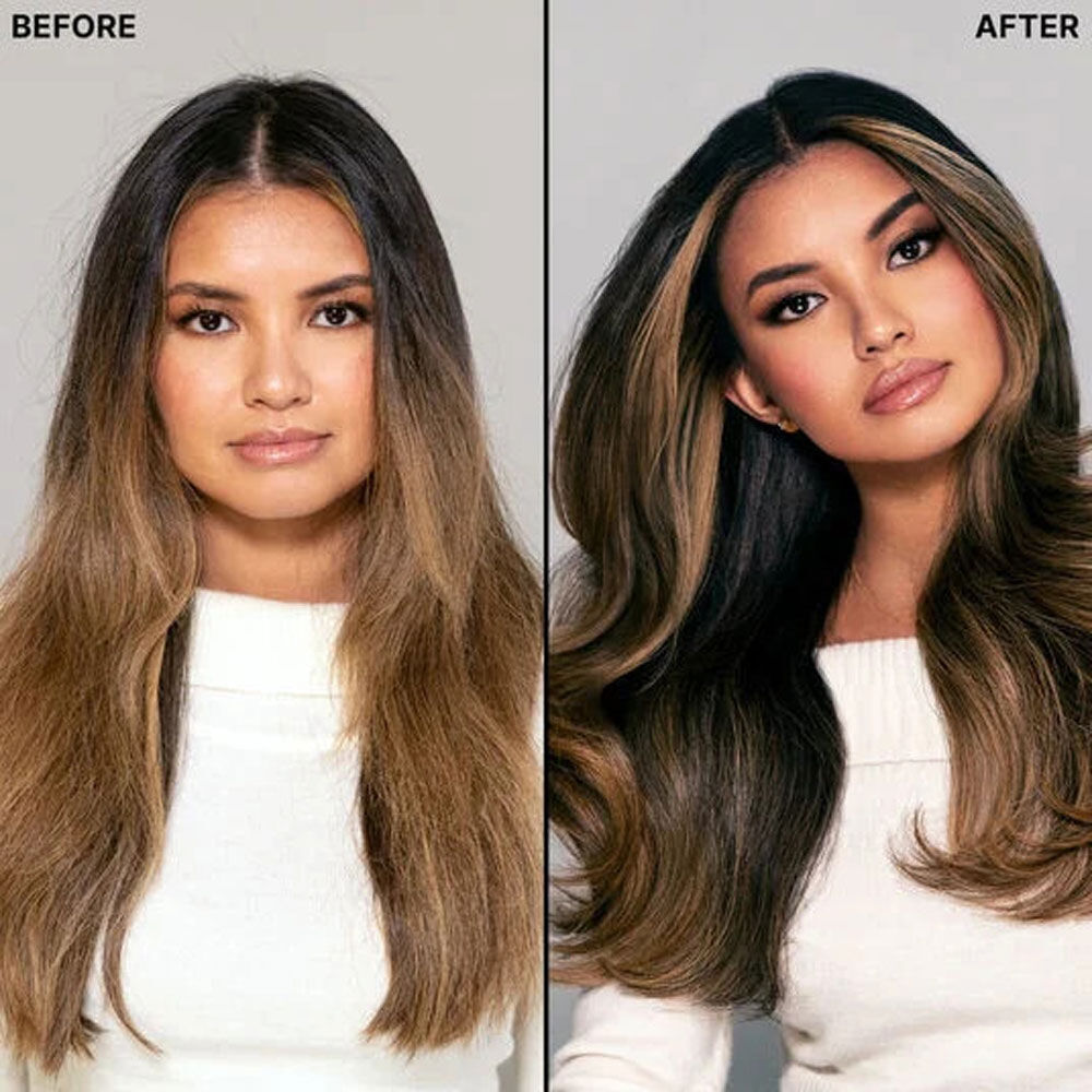 Before and after showing a smooth, voluminous hair transformation.